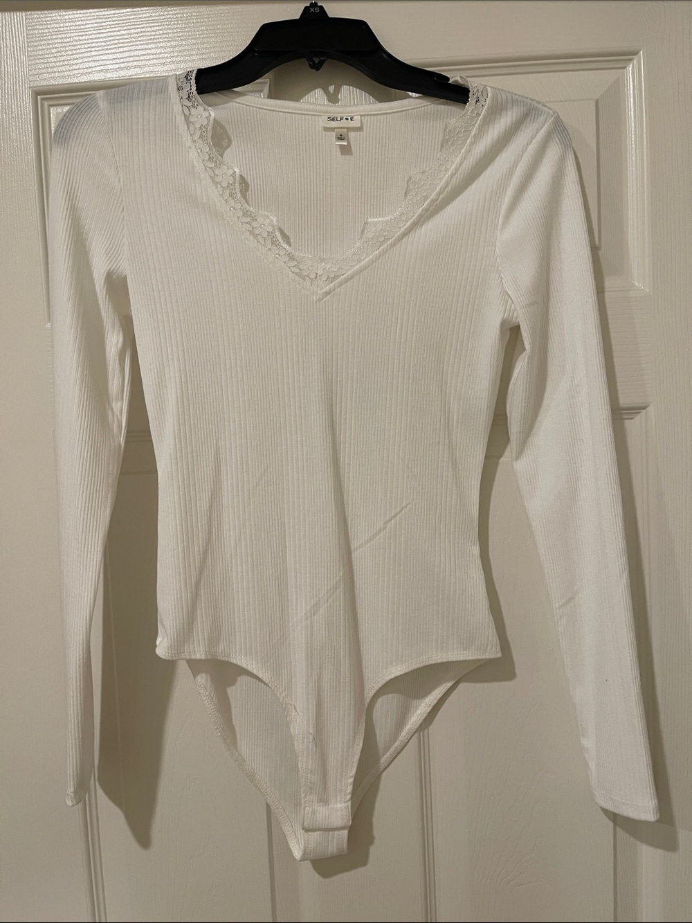 White Lace-Trim Ribbed Long-Sleeve Bodysuit